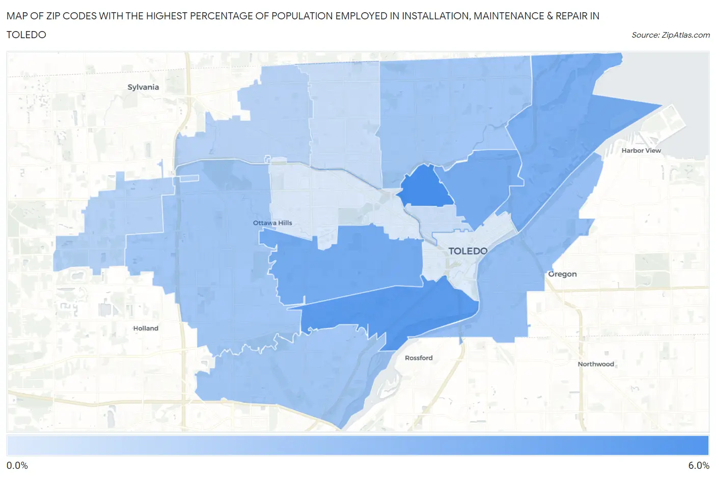 Zip Codes with the Highest Percentage of Population Employed in Installation, Maintenance & Repair in Toledo Map