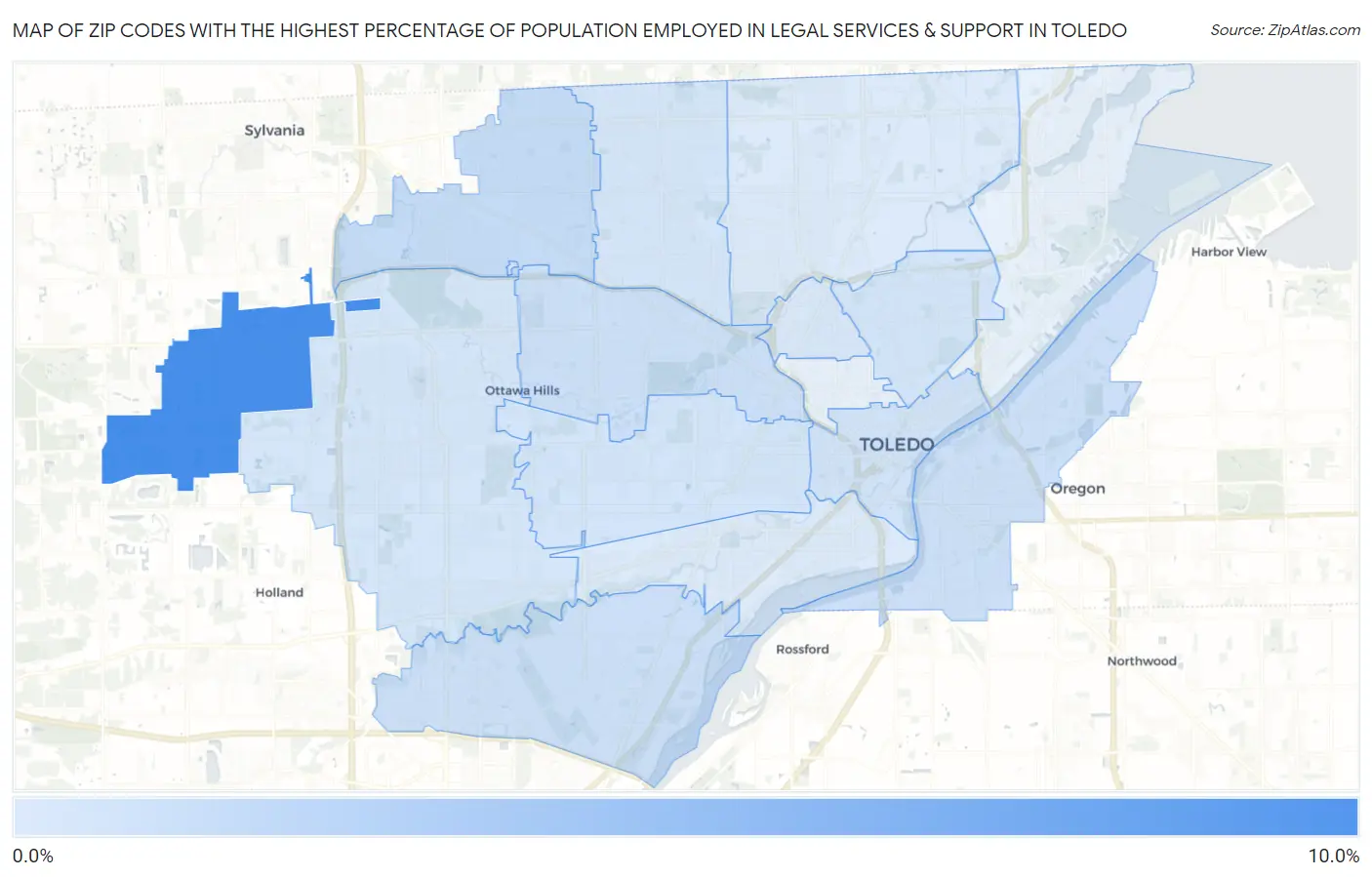 Zip Codes with the Highest Percentage of Population Employed in Legal Services & Support in Toledo Map