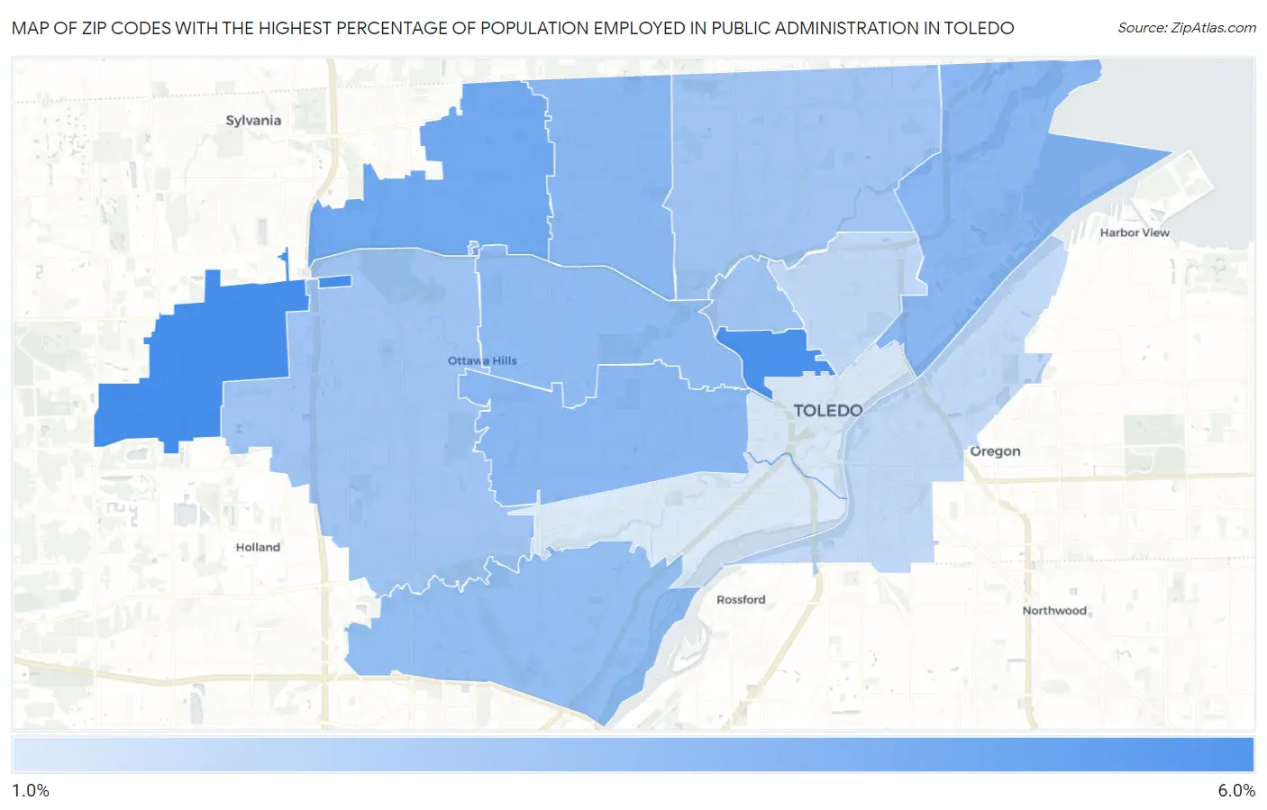 Zip Codes with the Highest Percentage of Population Employed in Public Administration in Toledo Map