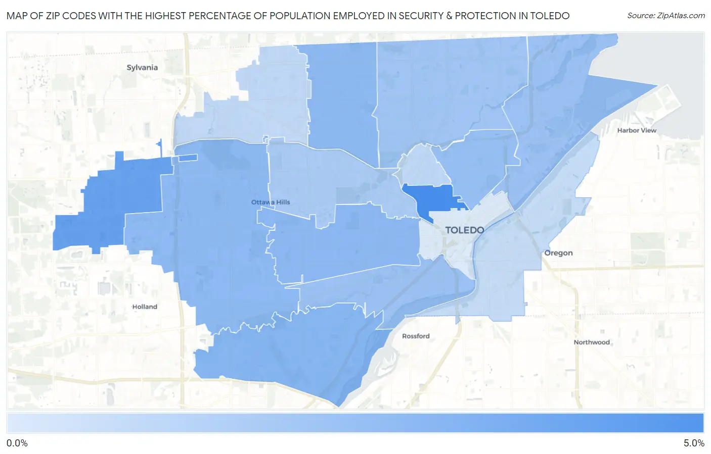 Zip Codes with the Highest Percentage of Population Employed in Security & Protection in Toledo Map