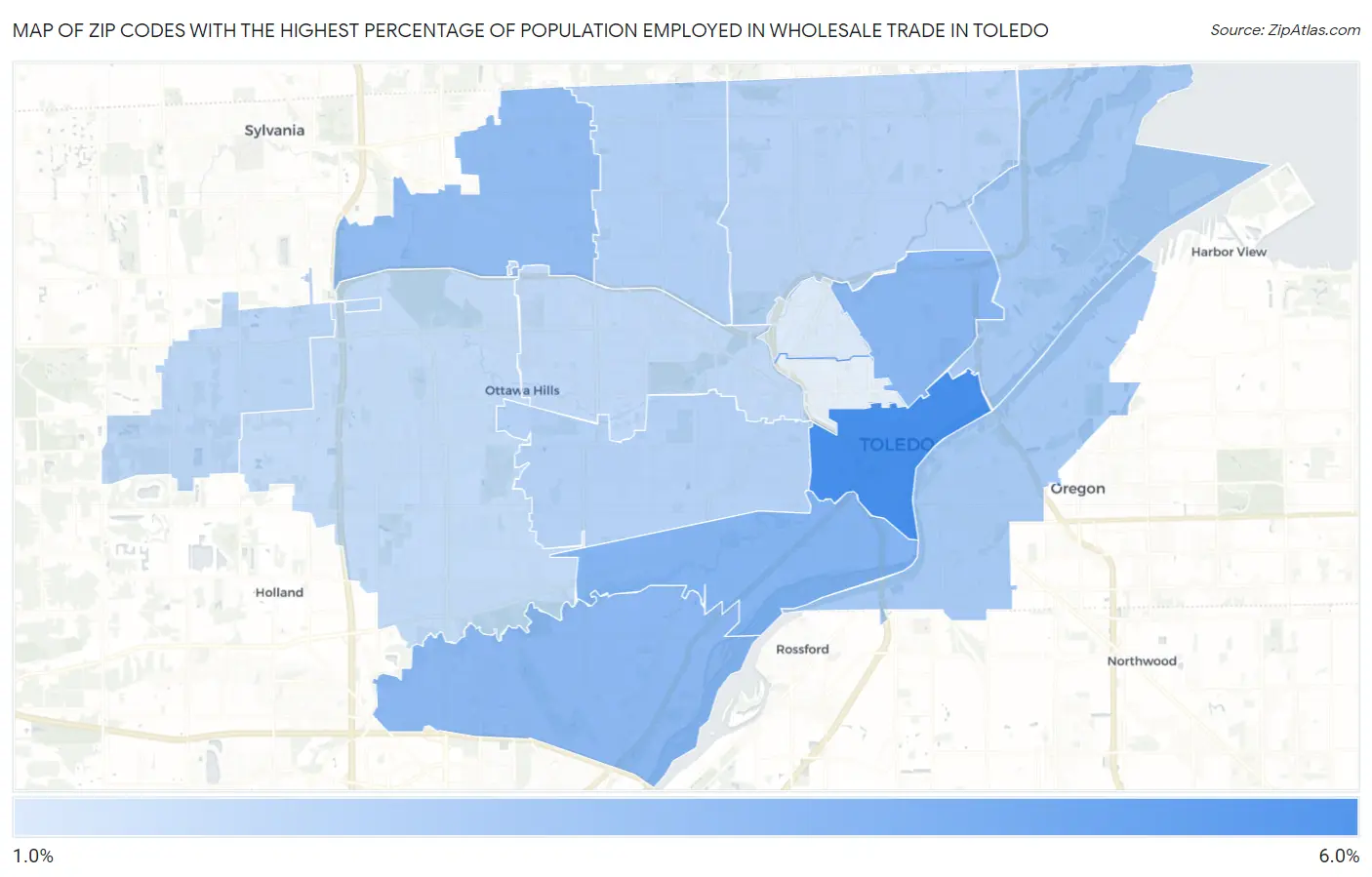 Zip Codes with the Highest Percentage of Population Employed in Wholesale Trade in Toledo Map