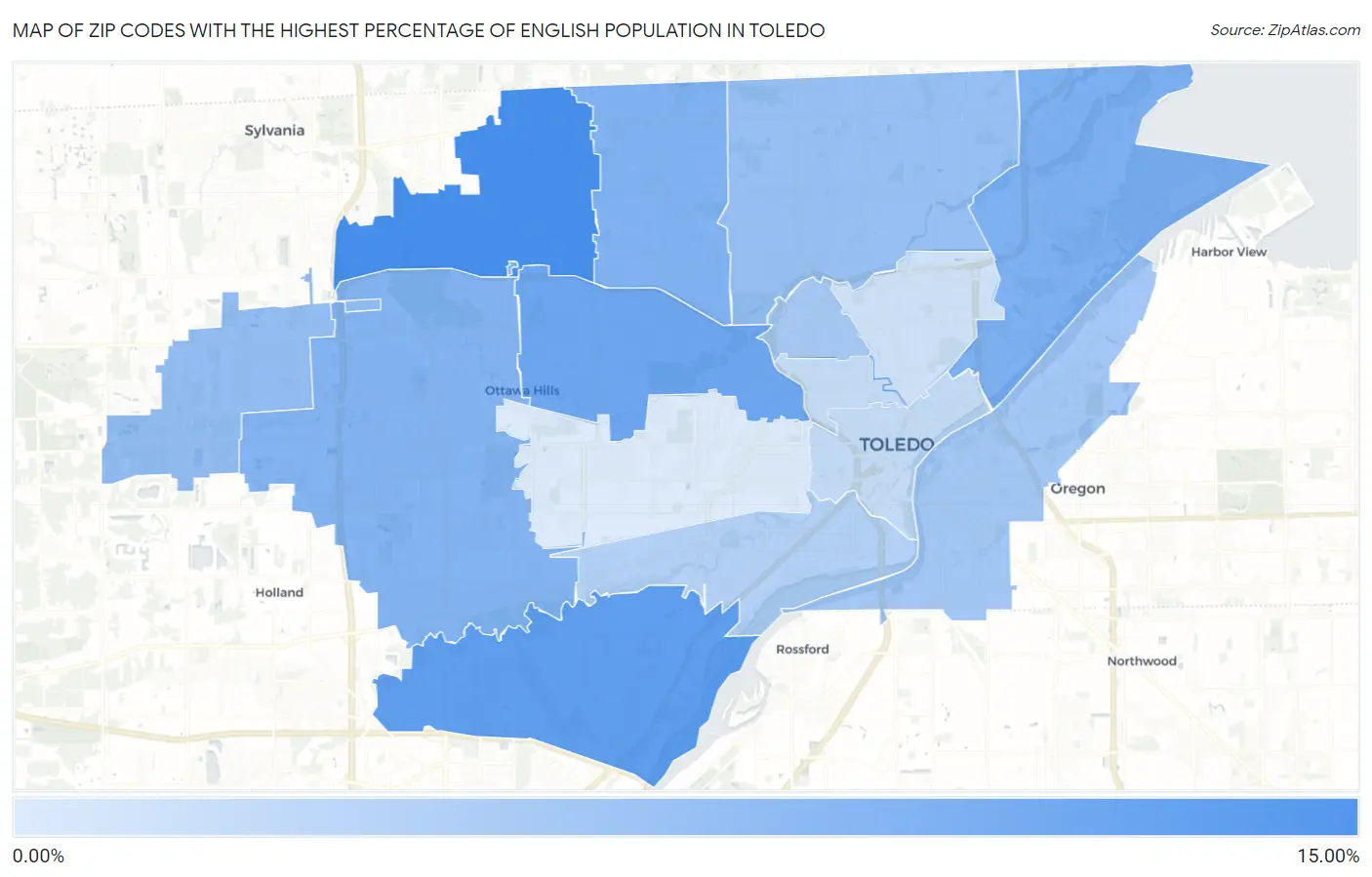 Zip Codes with the Highest Percentage of English Population in Toledo Map