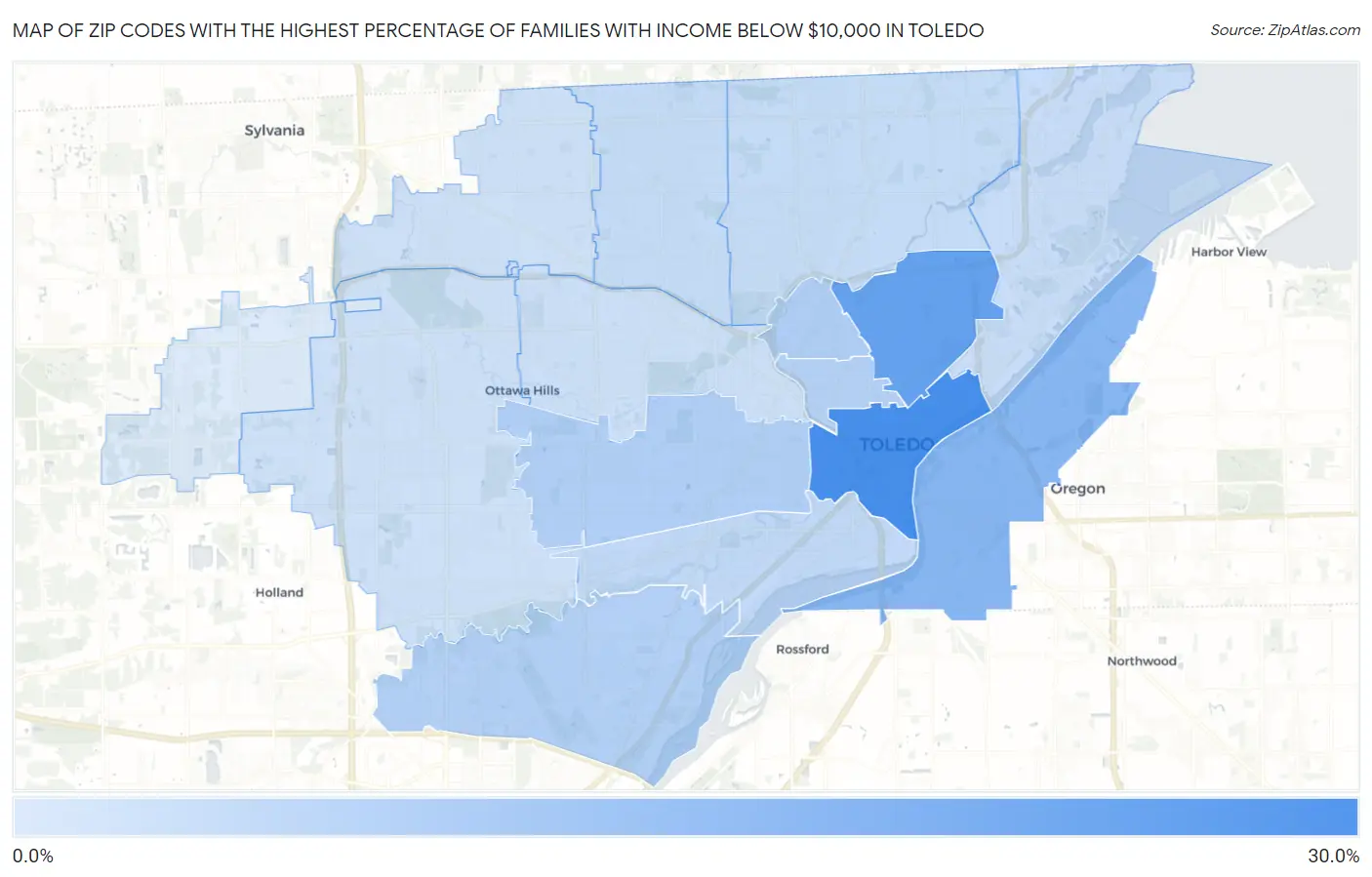 Zip Codes with the Highest Percentage of Families with Income Below $10,000 in Toledo Map