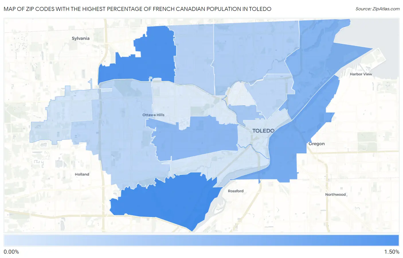 Zip Codes with the Highest Percentage of French Canadian Population in Toledo Map