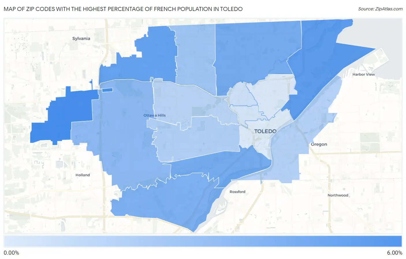 Zip Codes with the Highest Percentage of French Population in Toledo Map