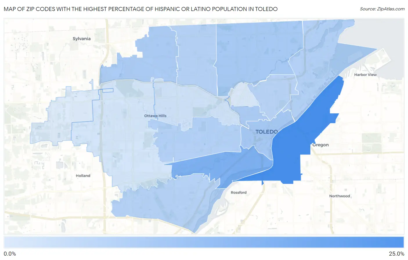 Zip Codes with the Highest Percentage of Hispanic or Latino Population in Toledo Map