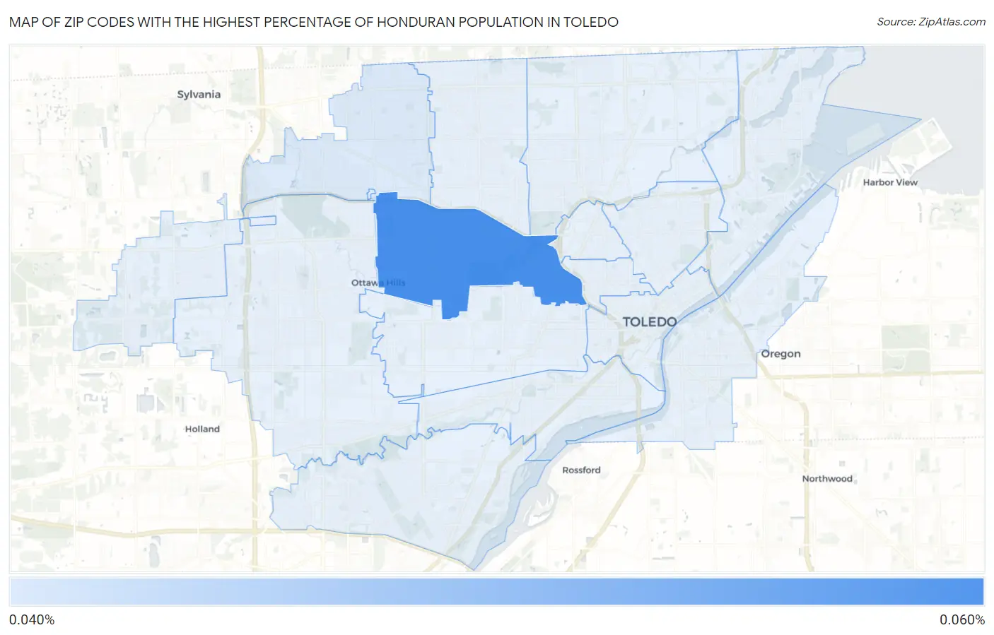 Zip Codes with the Highest Percentage of Honduran Population in Toledo Map