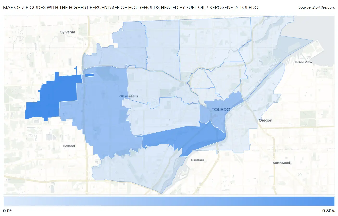 Zip Codes with the Highest Percentage of Households Heated by Fuel Oil / Kerosene in Toledo Map