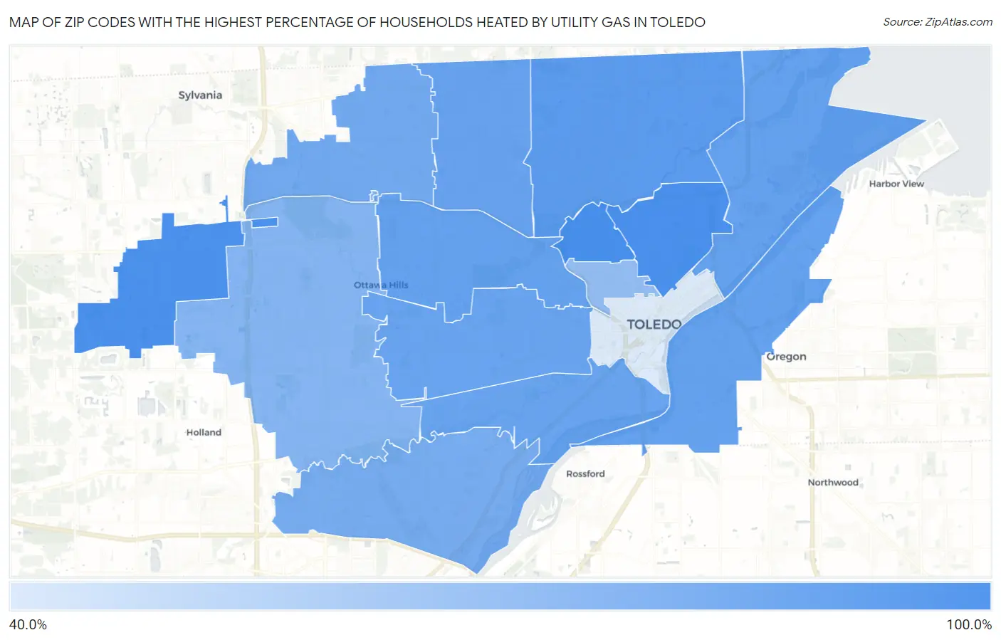 Zip Codes with the Highest Percentage of Households Heated by Utility Gas in Toledo Map