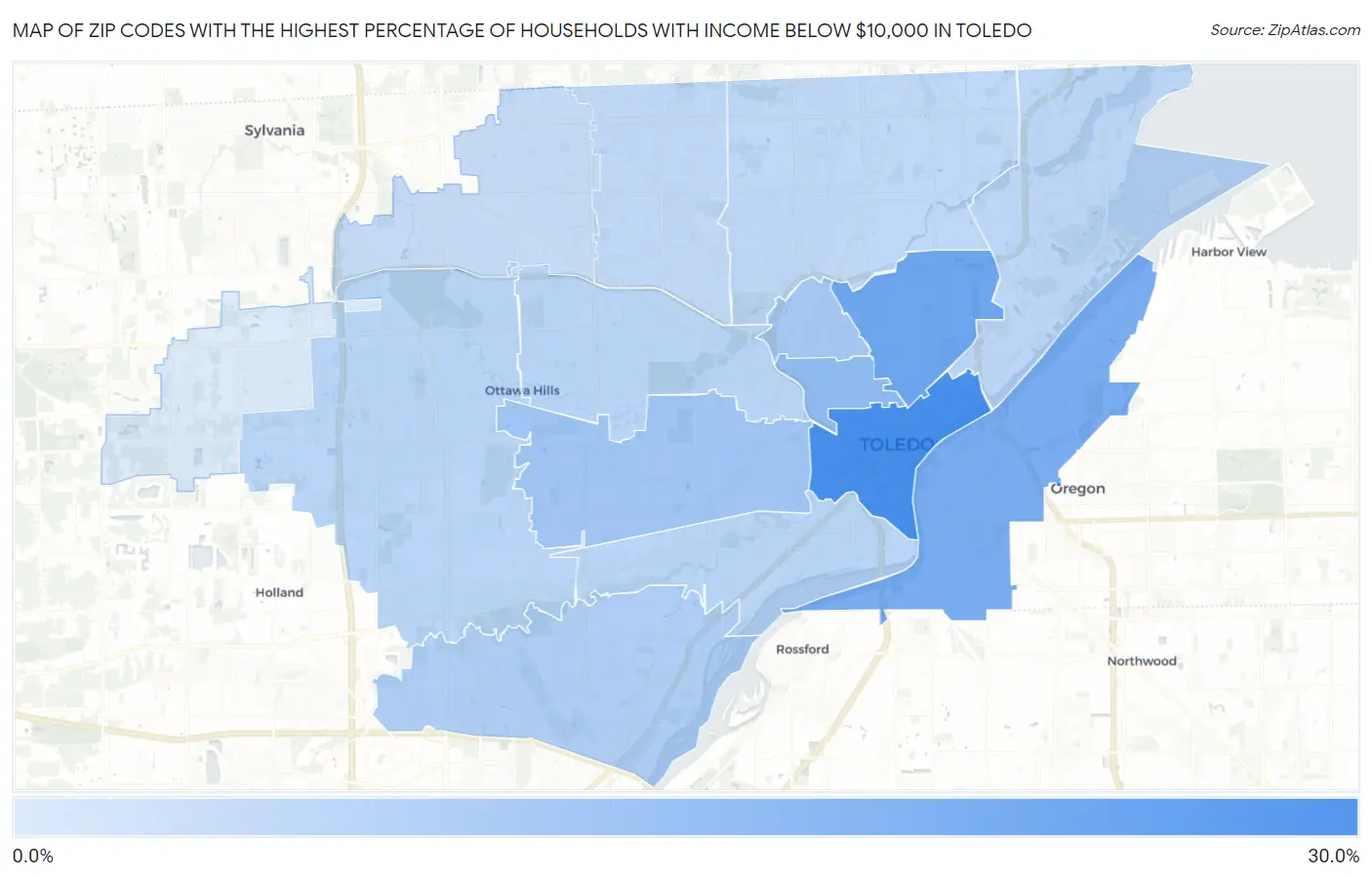 Zip Codes with the Highest Percentage of Households with Income Below $10,000 in Toledo Map