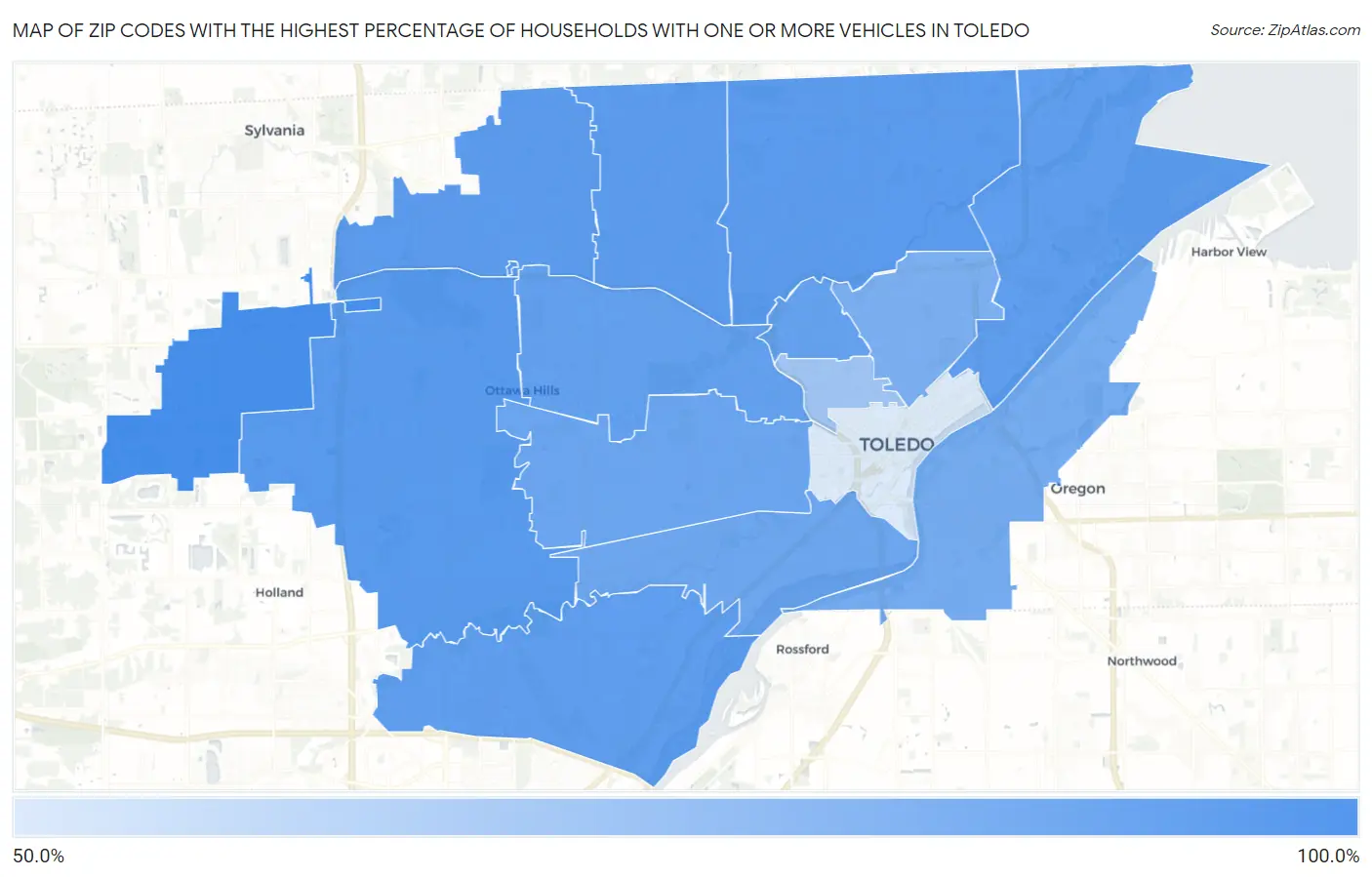 Zip Codes with the Highest Percentage of Households With One or more Vehicles in Toledo Map