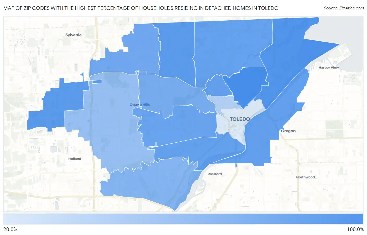 Zip Codes with the Highest Percentage of Households Residing in Detached Homes in Toledo Map