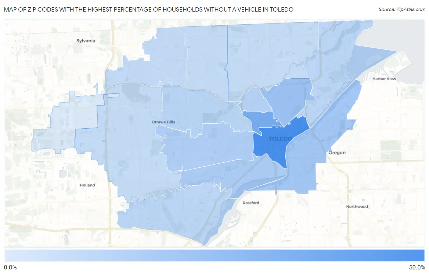 Zip Codes with the Highest Percentage of Households Without a Vehicle in Toledo Map
