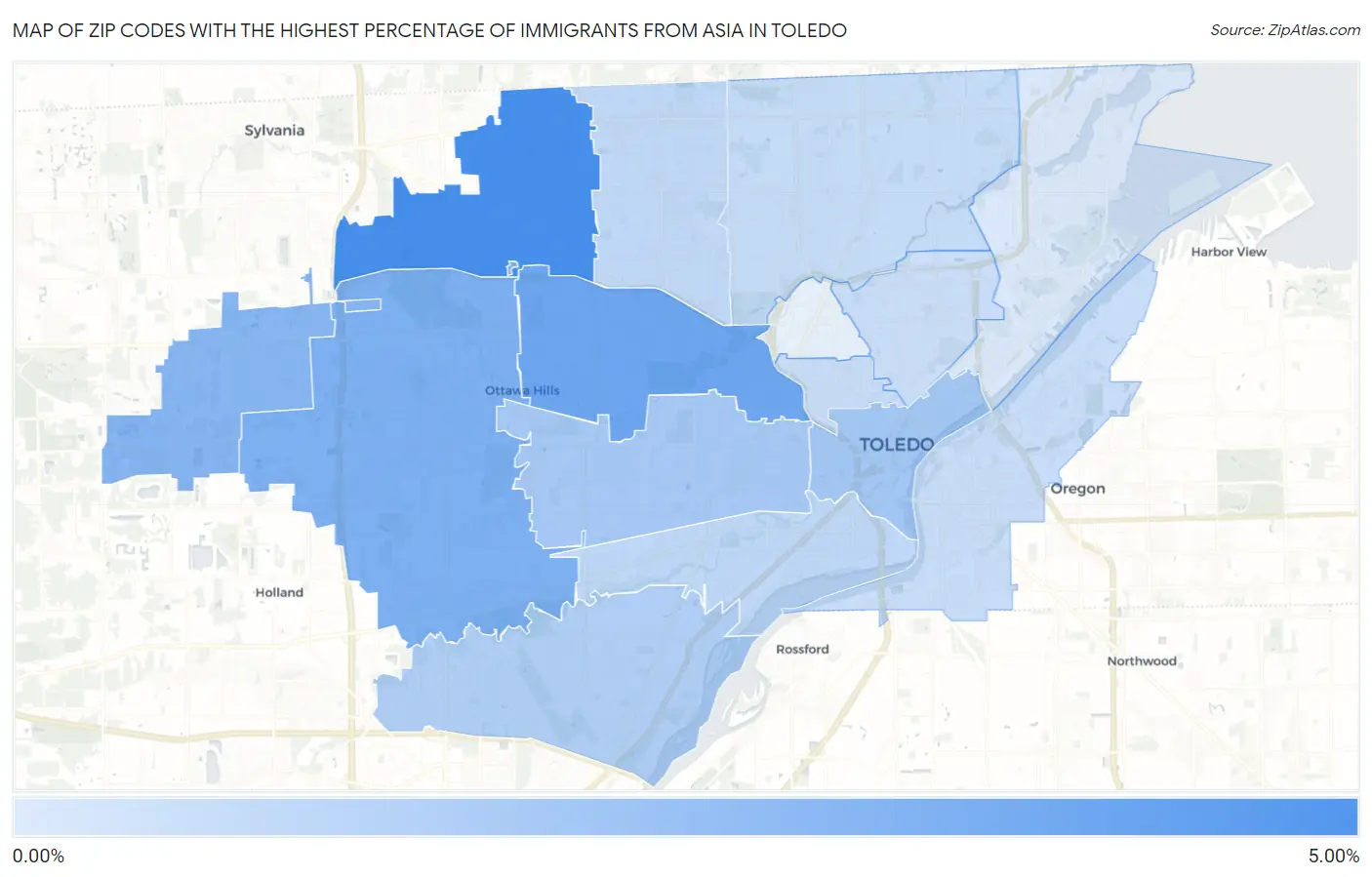 Zip Codes with the Highest Percentage of Immigrants from Asia in Toledo Map