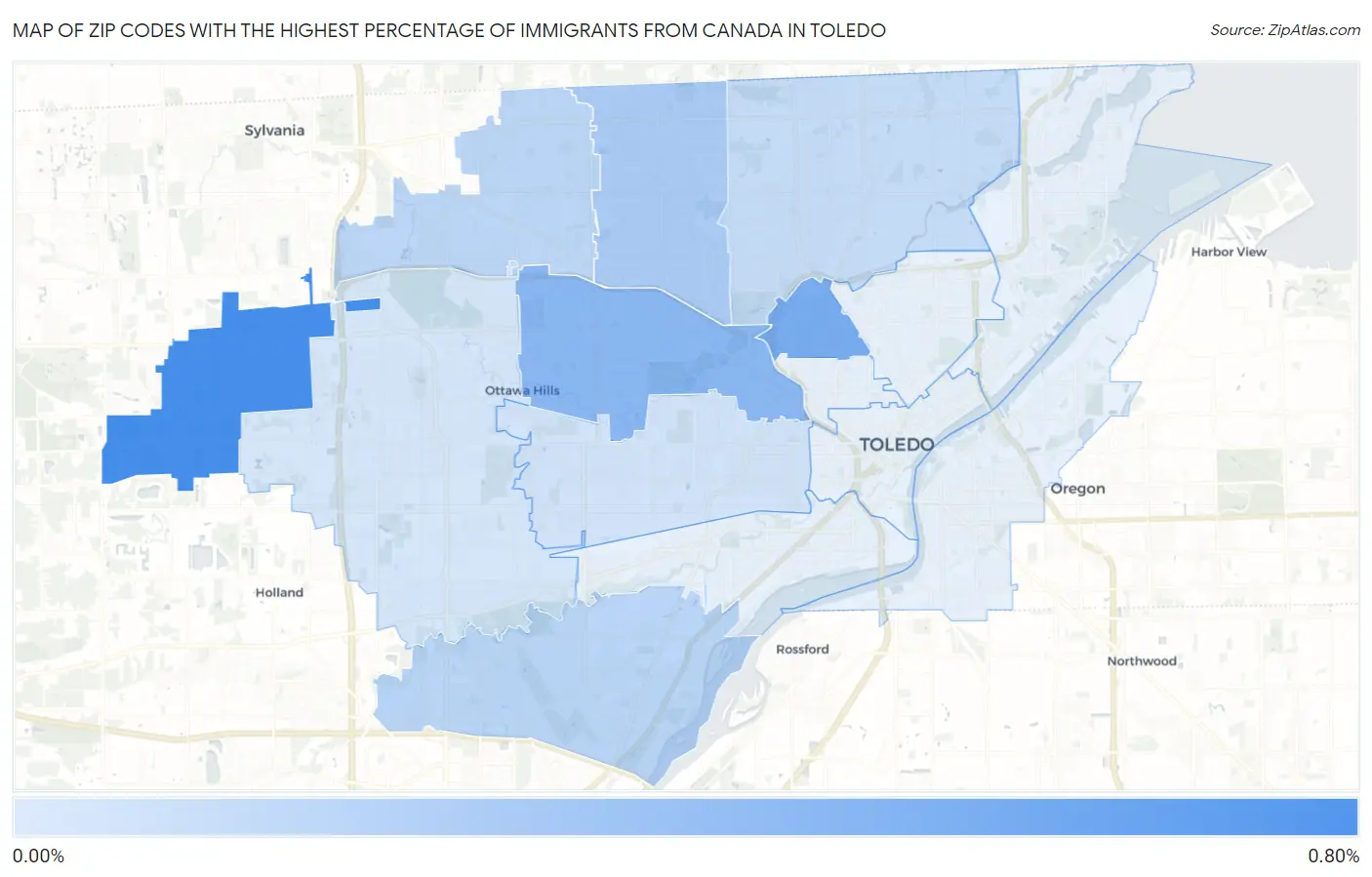 Zip Codes with the Highest Percentage of Immigrants from Canada in Toledo Map