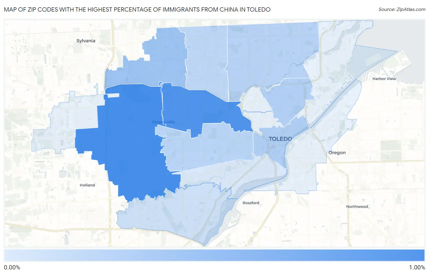 Zip Codes with the Highest Percentage of Immigrants from China in Toledo Map