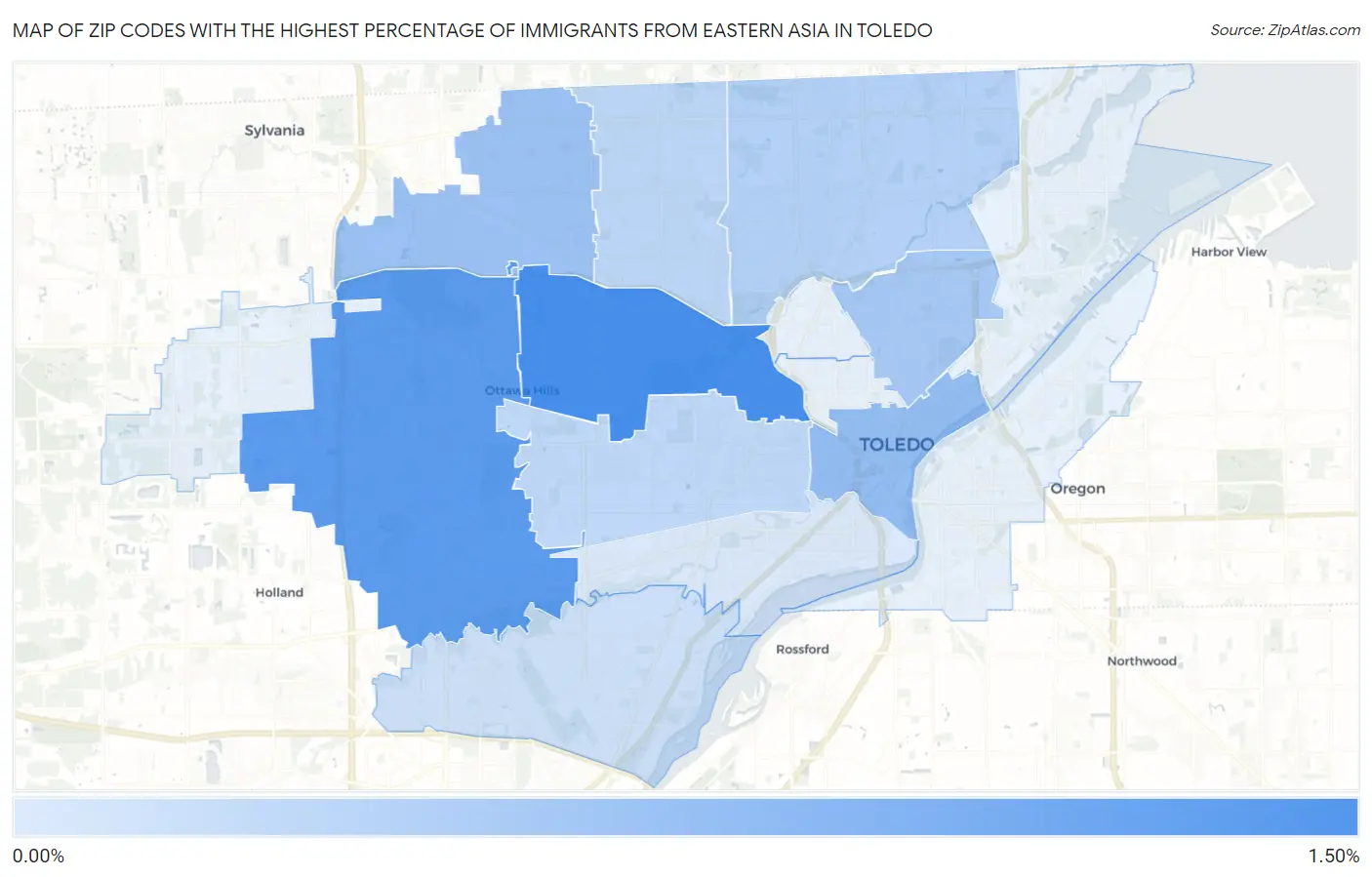 Zip Codes with the Highest Percentage of Immigrants from Eastern Asia in Toledo Map