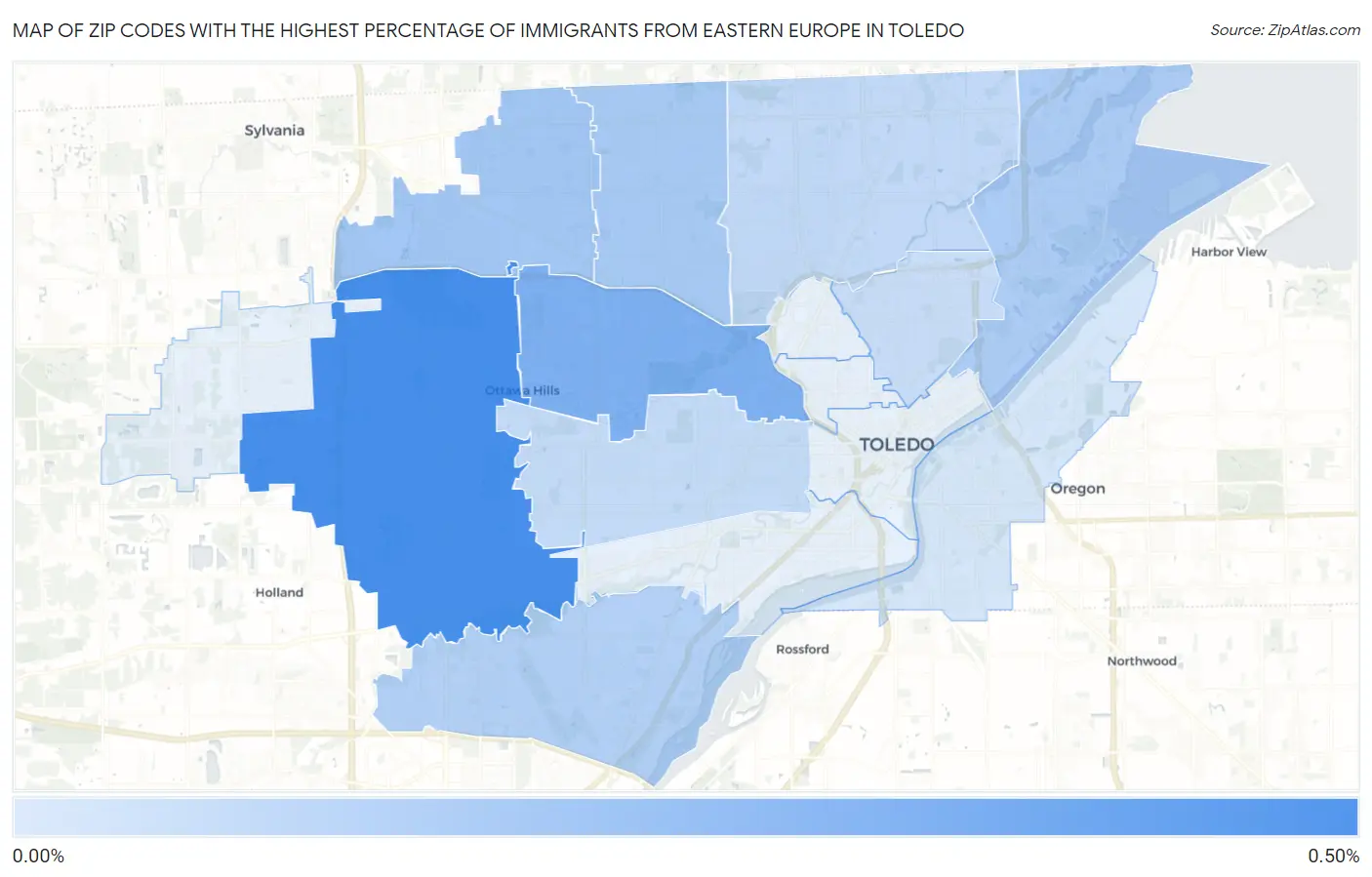 Zip Codes with the Highest Percentage of Immigrants from Eastern Europe in Toledo Map