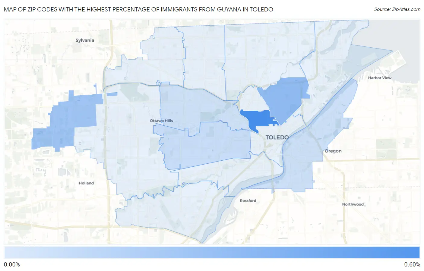 Zip Codes with the Highest Percentage of Immigrants from Guyana in Toledo Map