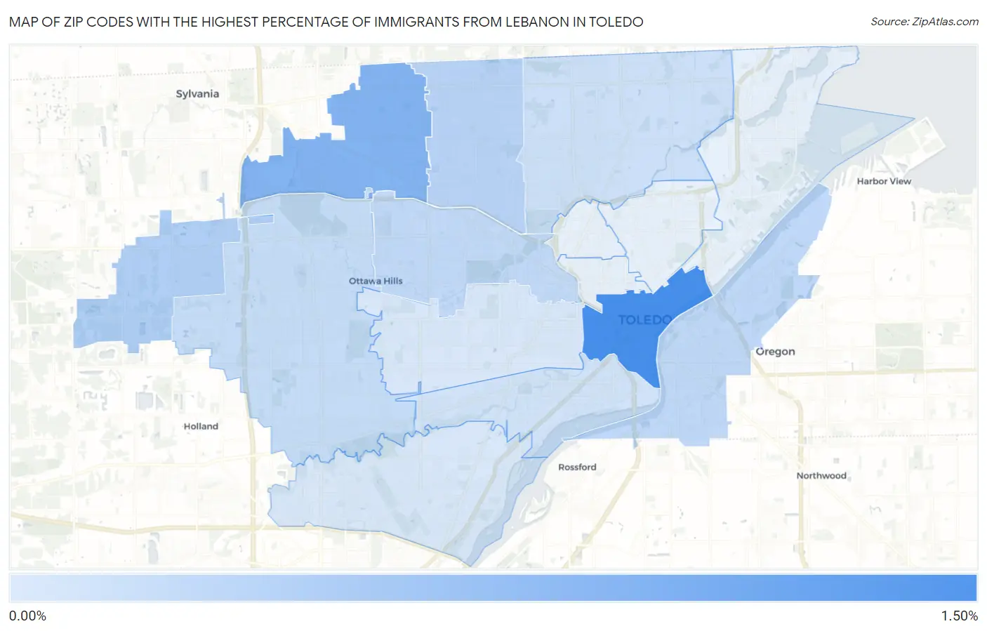 Zip Codes with the Highest Percentage of Immigrants from Lebanon in Toledo Map