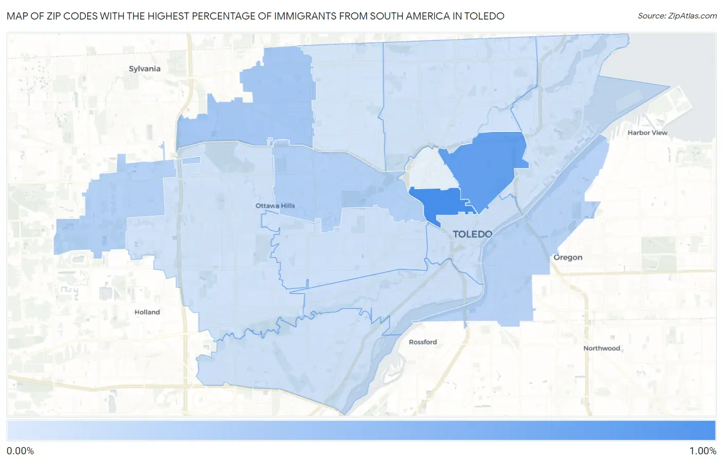 Zip Codes with the Highest Percentage of Immigrants from South America in Toledo Map