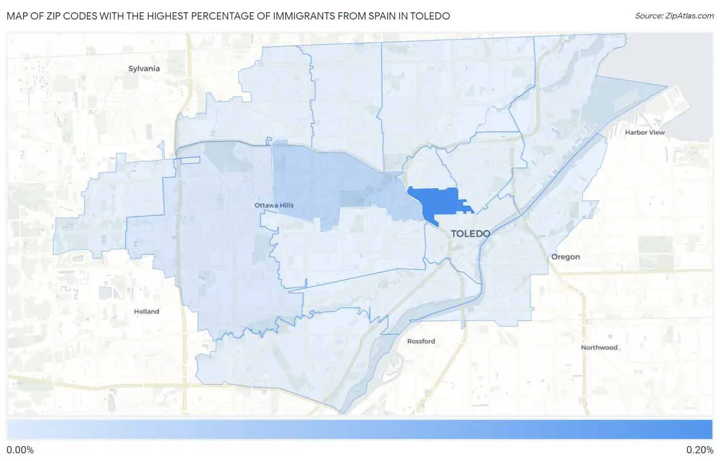Zip Codes with the Highest Percentage of Immigrants from Spain in Toledo Map