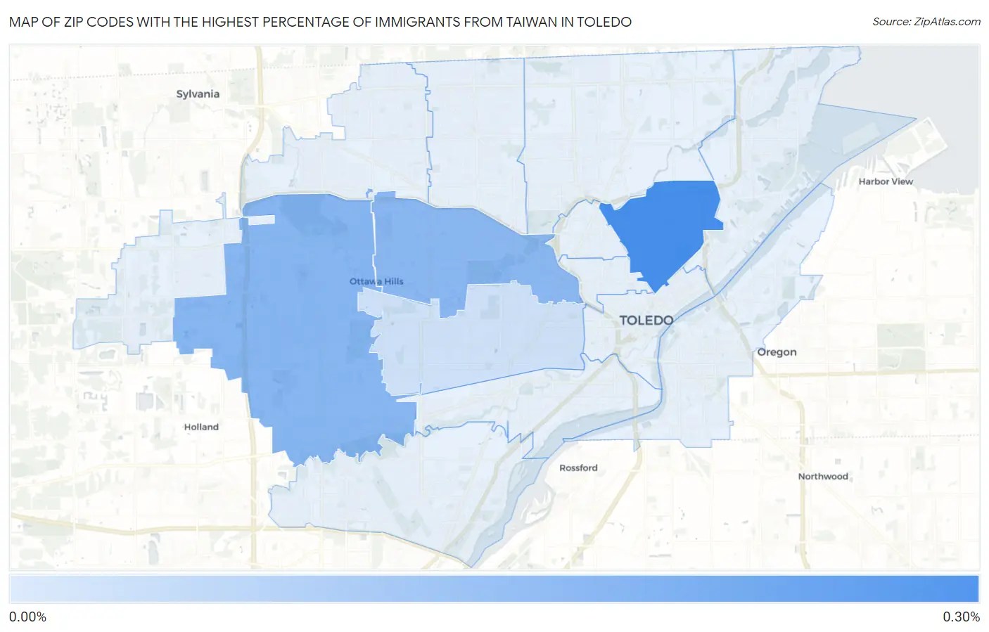 Zip Codes with the Highest Percentage of Immigrants from Taiwan in Toledo Map