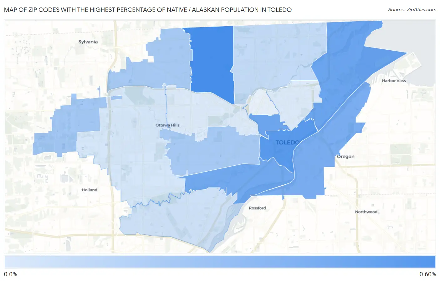 Zip Codes with the Highest Percentage of Native / Alaskan Population in Toledo Map