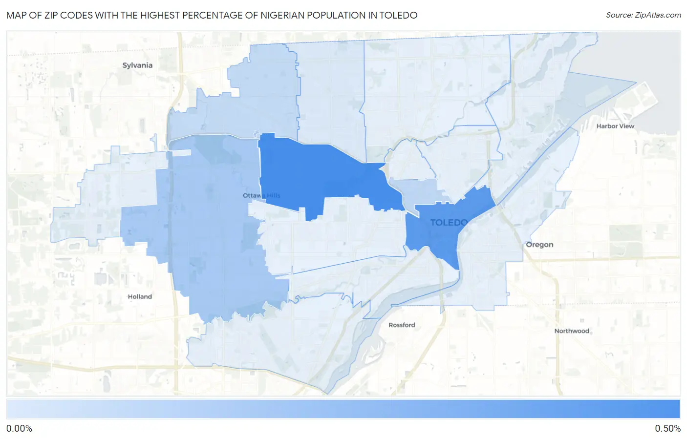 Zip Codes with the Highest Percentage of Nigerian Population in Toledo Map