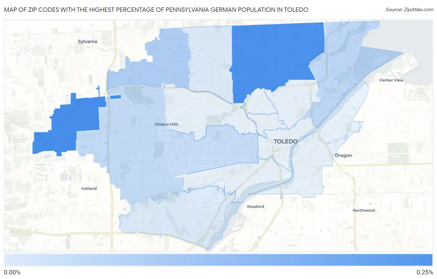 Zip Codes with the Highest Percentage of Pennsylvania German Population in Toledo Map