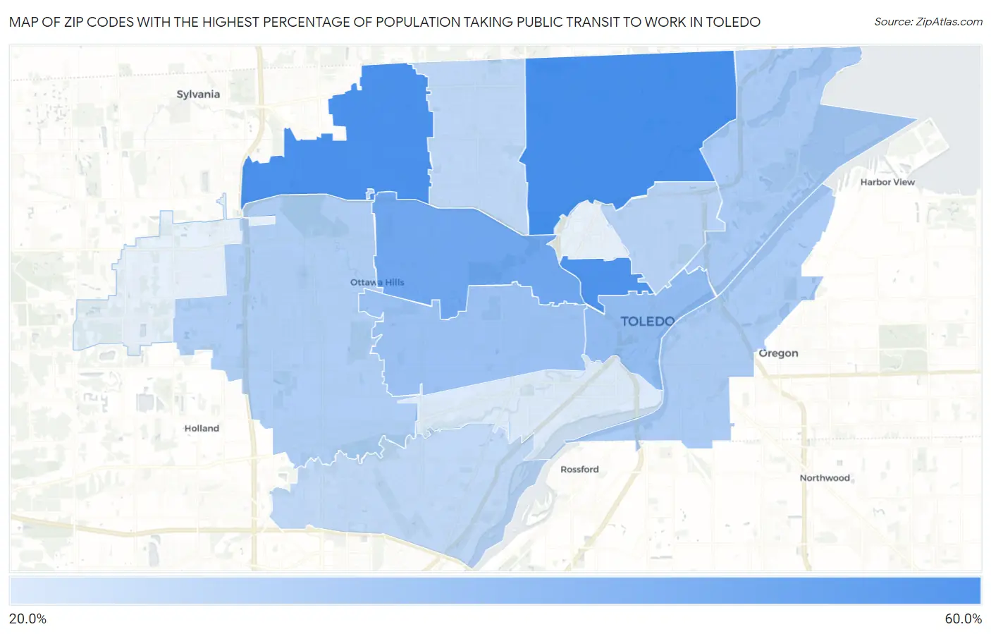 Zip Codes with the Highest Percentage of Population Taking Public Transit to Work in Toledo Map