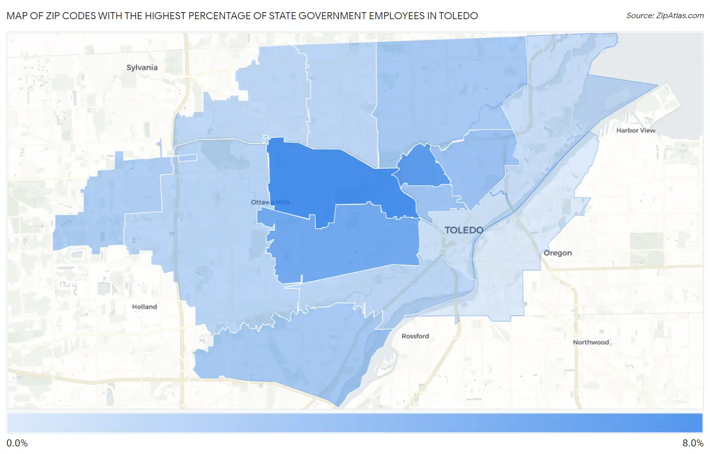 Zip Codes with the Highest Percentage of State Government Employees in Toledo Map