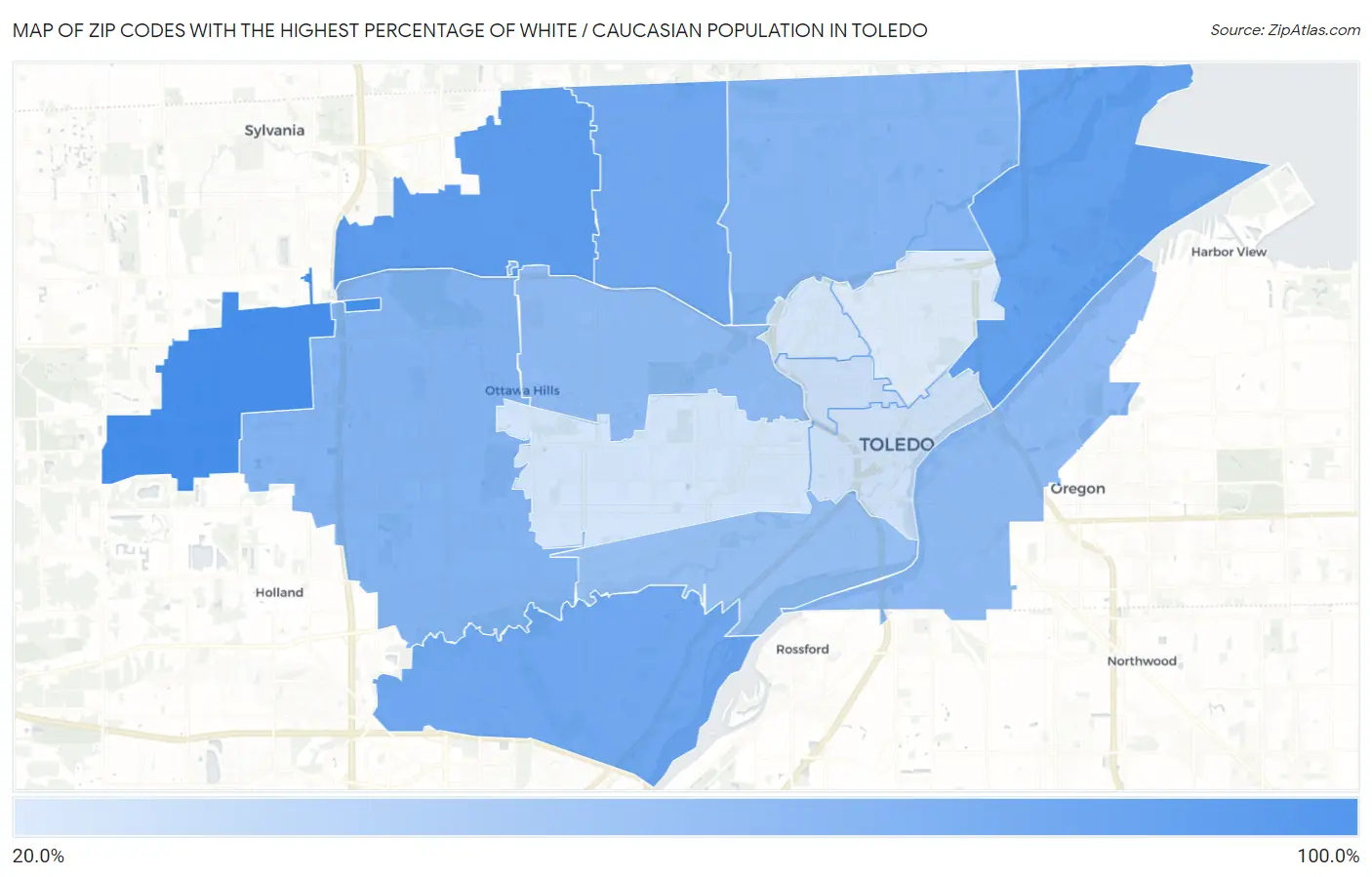Zip Codes with the Highest Percentage of White / Caucasian Population in Toledo Map