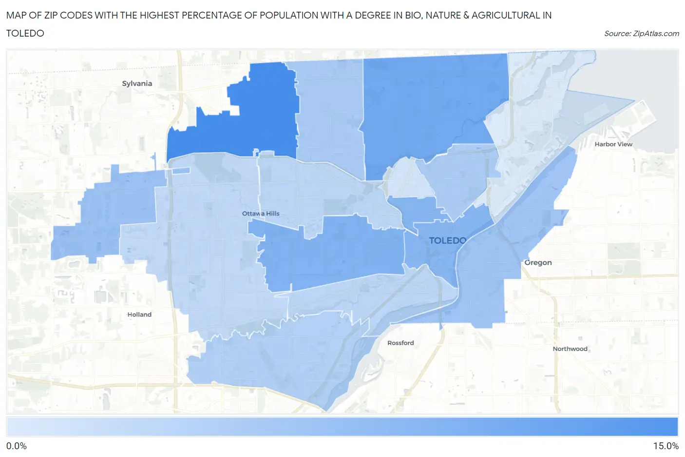Zip Codes with the Highest Percentage of Population with a Degree in Bio, Nature & Agricultural in Toledo Map