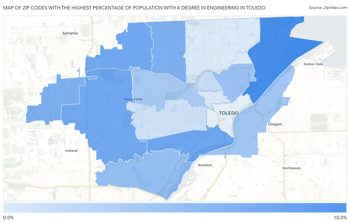 Zip Codes with the Highest Percentage of Population with a Degree in Engineering in Toledo Map
