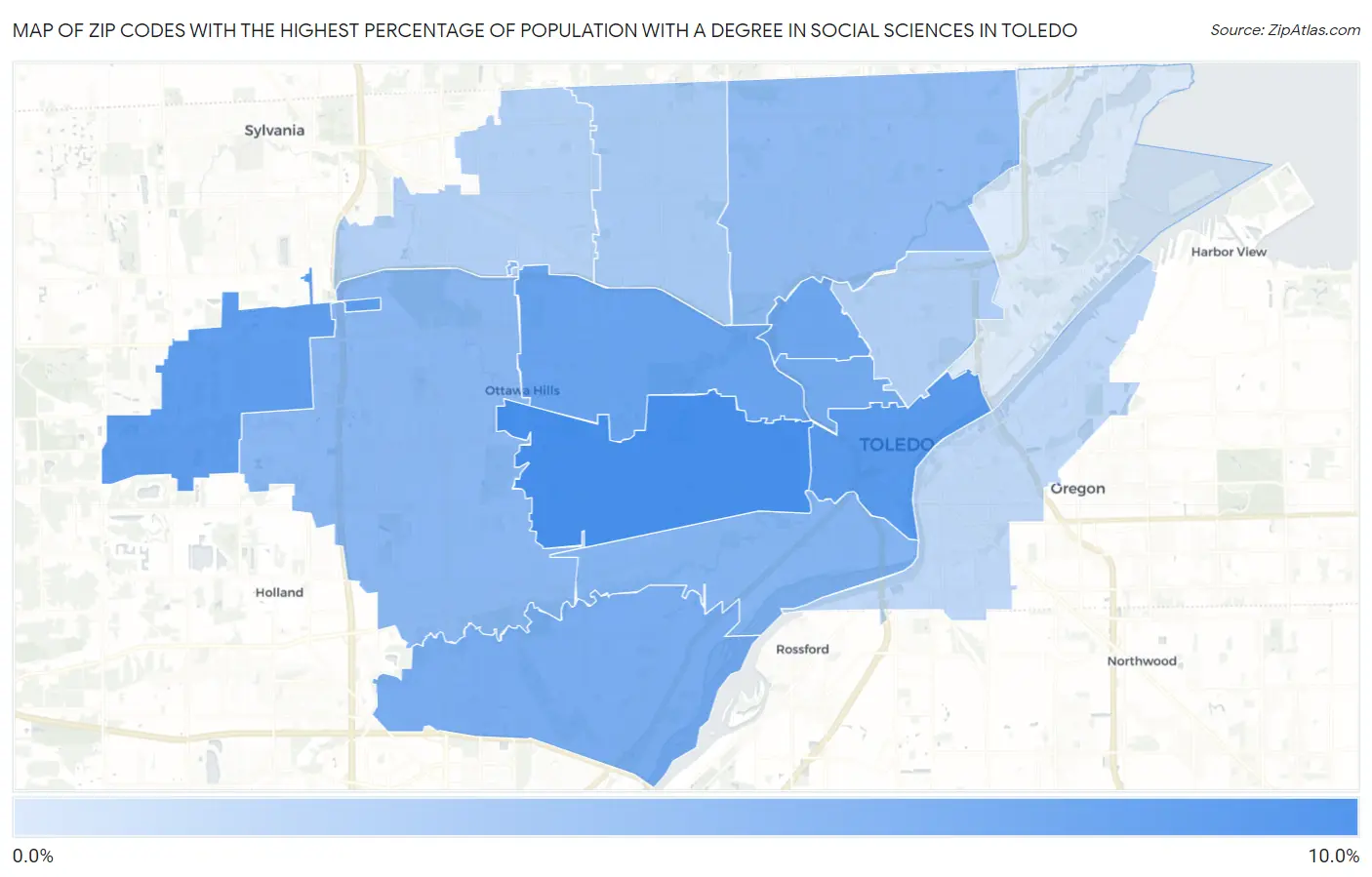Zip Codes with the Highest Percentage of Population with a Degree in Social Sciences in Toledo Map