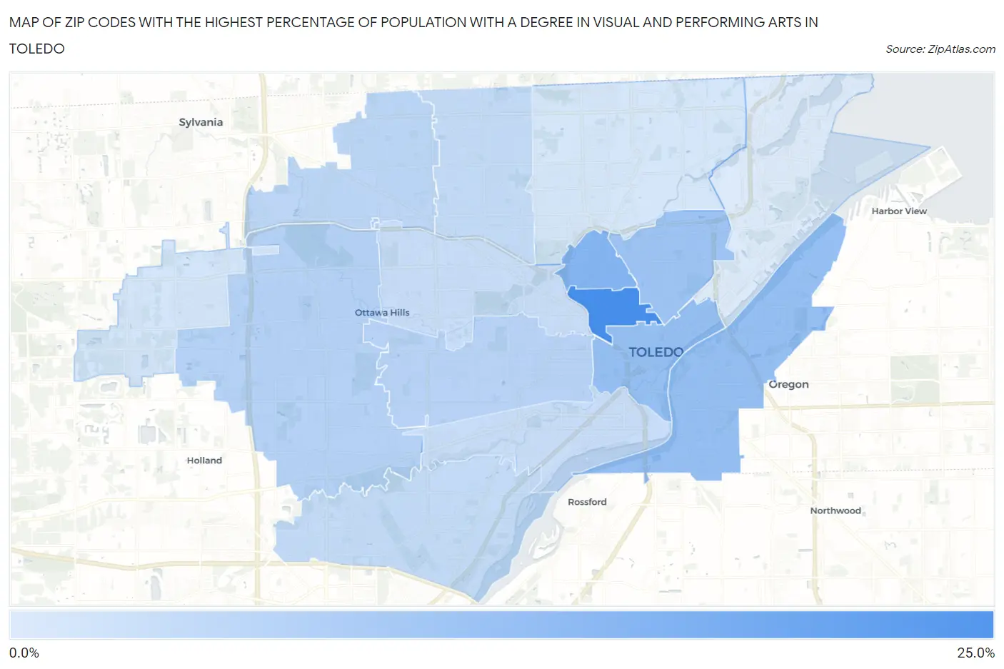Zip Codes with the Highest Percentage of Population with a Degree in Visual and Performing Arts in Toledo Map