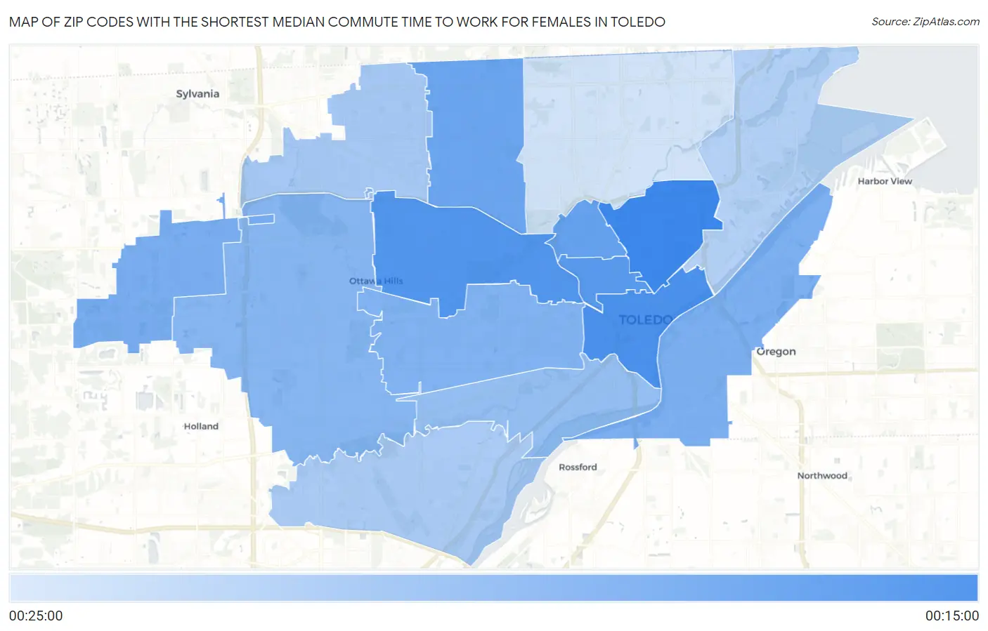 Zip Codes with the Shortest Median Commute Time to Work for Females in Toledo Map