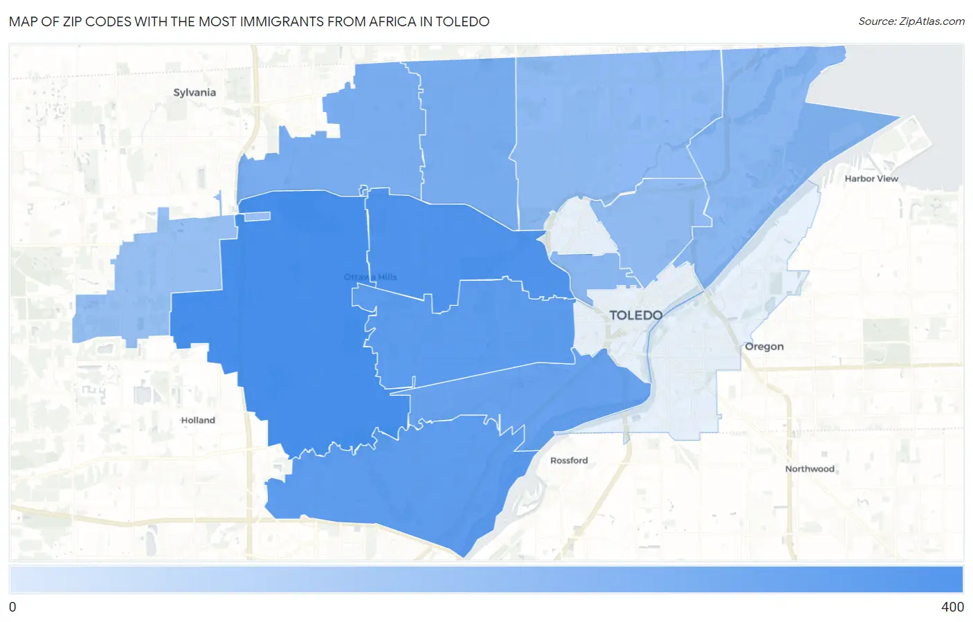 Zip Codes with the Most Immigrants from Africa in Toledo Map