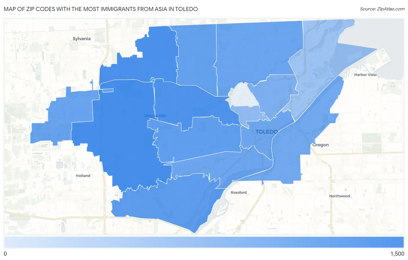 Zip Codes with the Most Immigrants from Asia in Toledo Map