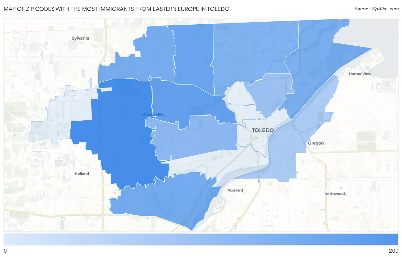 Zip Codes with the Most Immigrants from Eastern Europe in Toledo Map