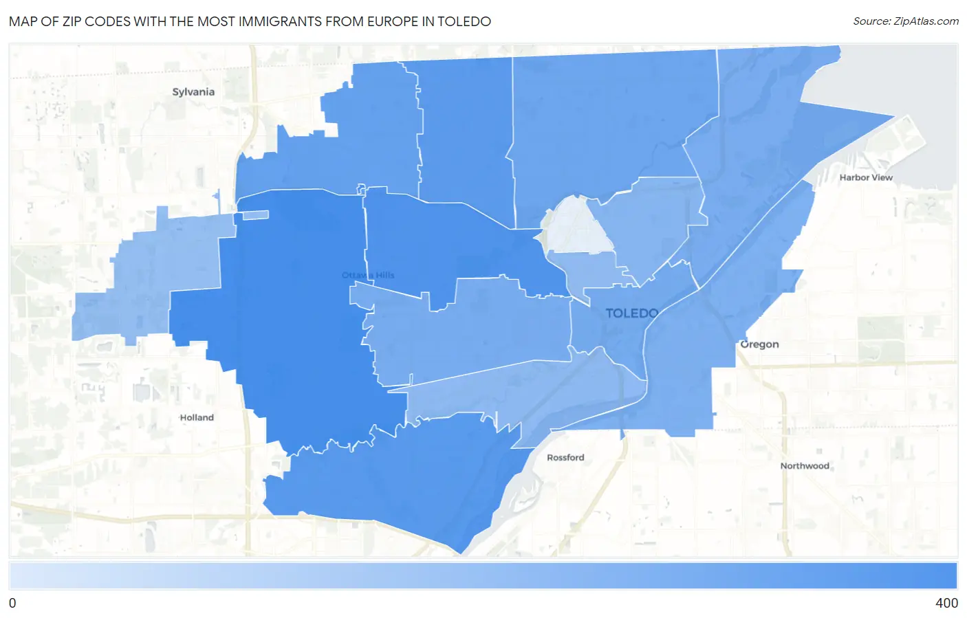 Zip Codes with the Most Immigrants from Europe in Toledo Map