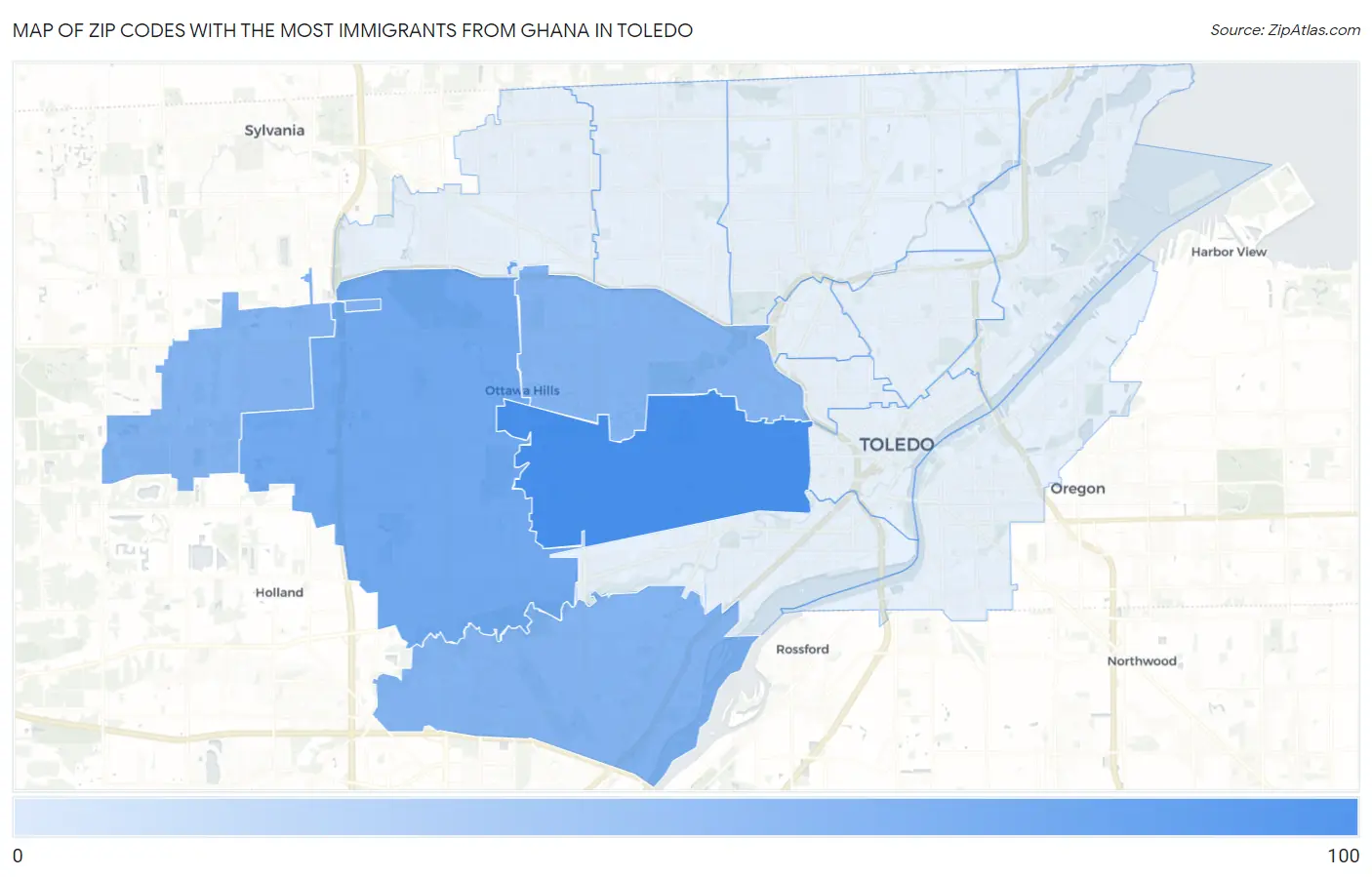 Zip Codes with the Most Immigrants from Ghana in Toledo Map