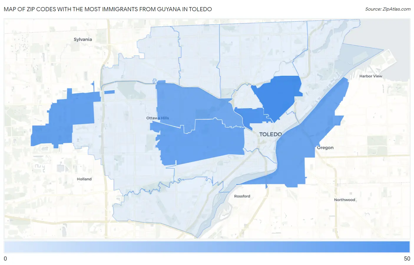 Zip Codes with the Most Immigrants from Guyana in Toledo Map