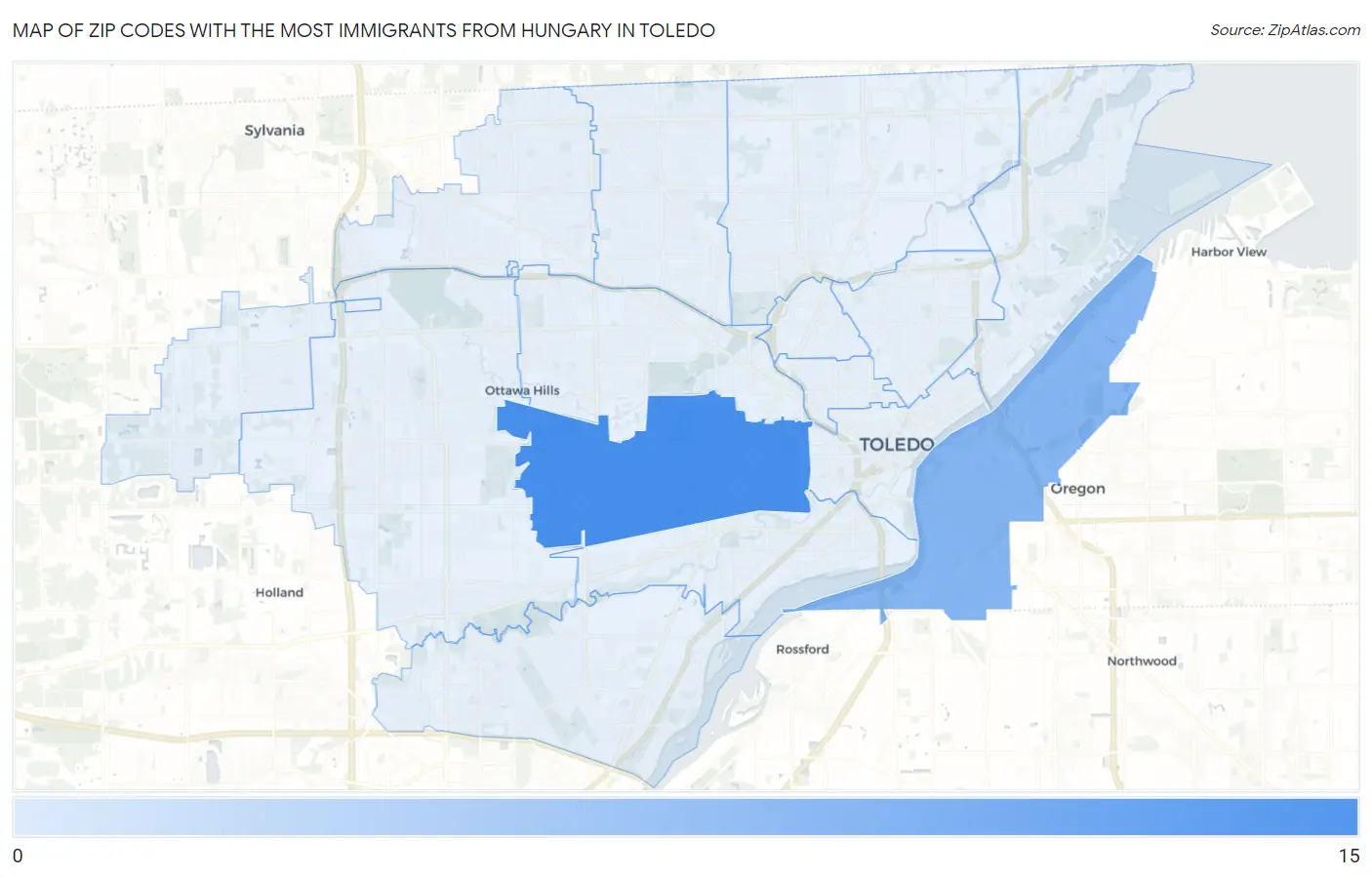 Zip Codes with the Most Immigrants from Hungary in Toledo Map