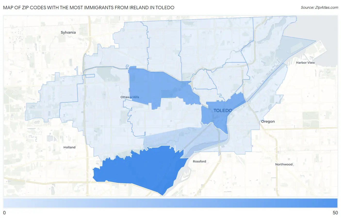 Zip Codes with the Most Immigrants from Ireland in Toledo Map