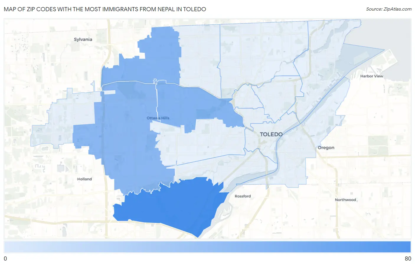 Zip Codes with the Most Immigrants from Nepal in Toledo Map