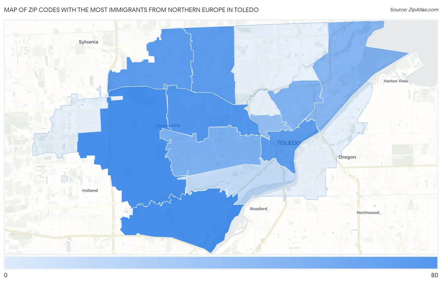Zip Codes with the Most Immigrants from Northern Europe in Toledo Map