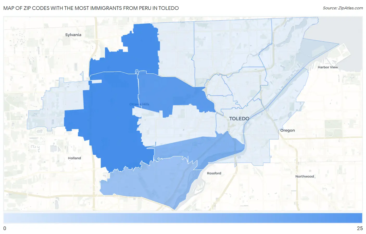 Zip Codes with the Most Immigrants from Peru in Toledo Map