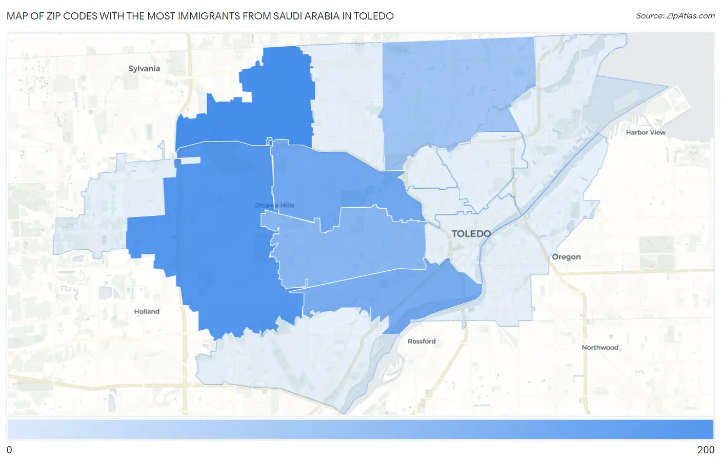 Zip Codes with the Most Immigrants from Saudi Arabia in Toledo Map